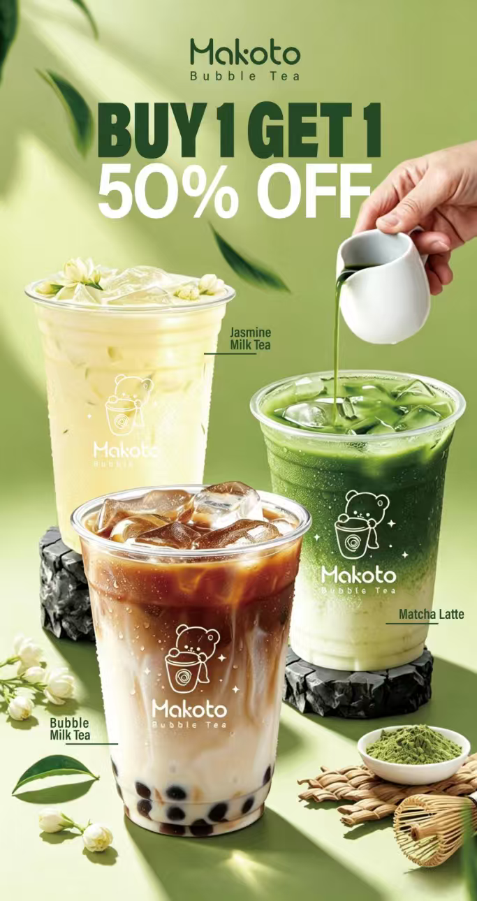 Makoto bubble tea buy one get one 50% off jasmine matcha latte Staten Island
