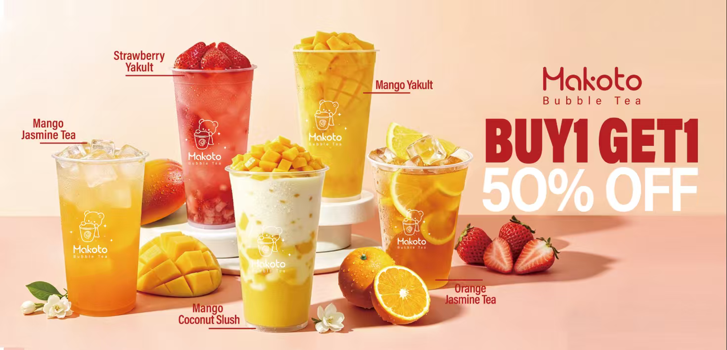 Makoto bubble tea buy 1 get 1 50% off mango strawberry yakult jasmine tea Staten Island
