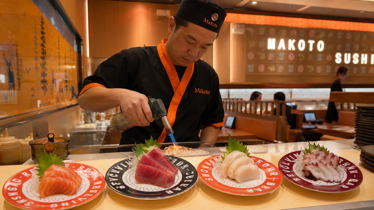 Torch-seared sashimi made to order Makoto chef torch-searing sashimi plates of salmon tuna and white fish at the sushi bar in Staten Island