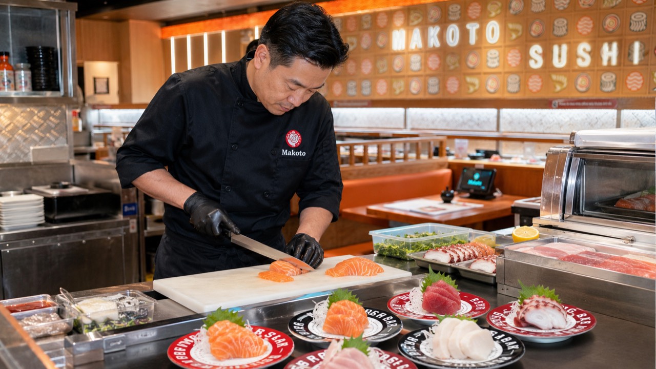 Our chef slicing fresh salmon sashimi Makoto sushi chef in black uniform hand-slicing fresh salmon sashimi at the sushi bar in Staten Island