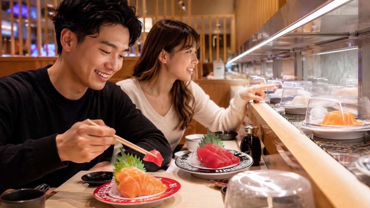 Counter seats right at the belt Young couple in counter seats reaching for plates along the sushi conveyor belt at Makoto Staten Island