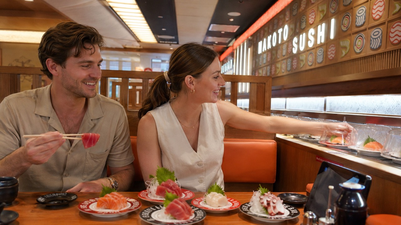 Picking favorites right off the belt Couple picking sashimi plates off the conveyor belt under the Makoto Sushi sign in Staten Island
