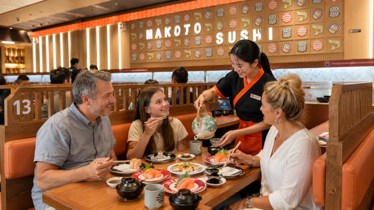 Warm hospitality and hot green tea Server pouring hot green tea for a family enjoying sashimi in a booth at Makoto Staten Island