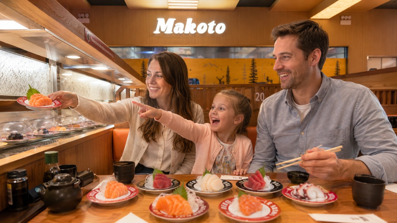 Kids love watching the plates roll by at Makoto Family with young daughter excitedly reaching for a salmon sashimi plate on the conveyor belt at Makoto Staten Island