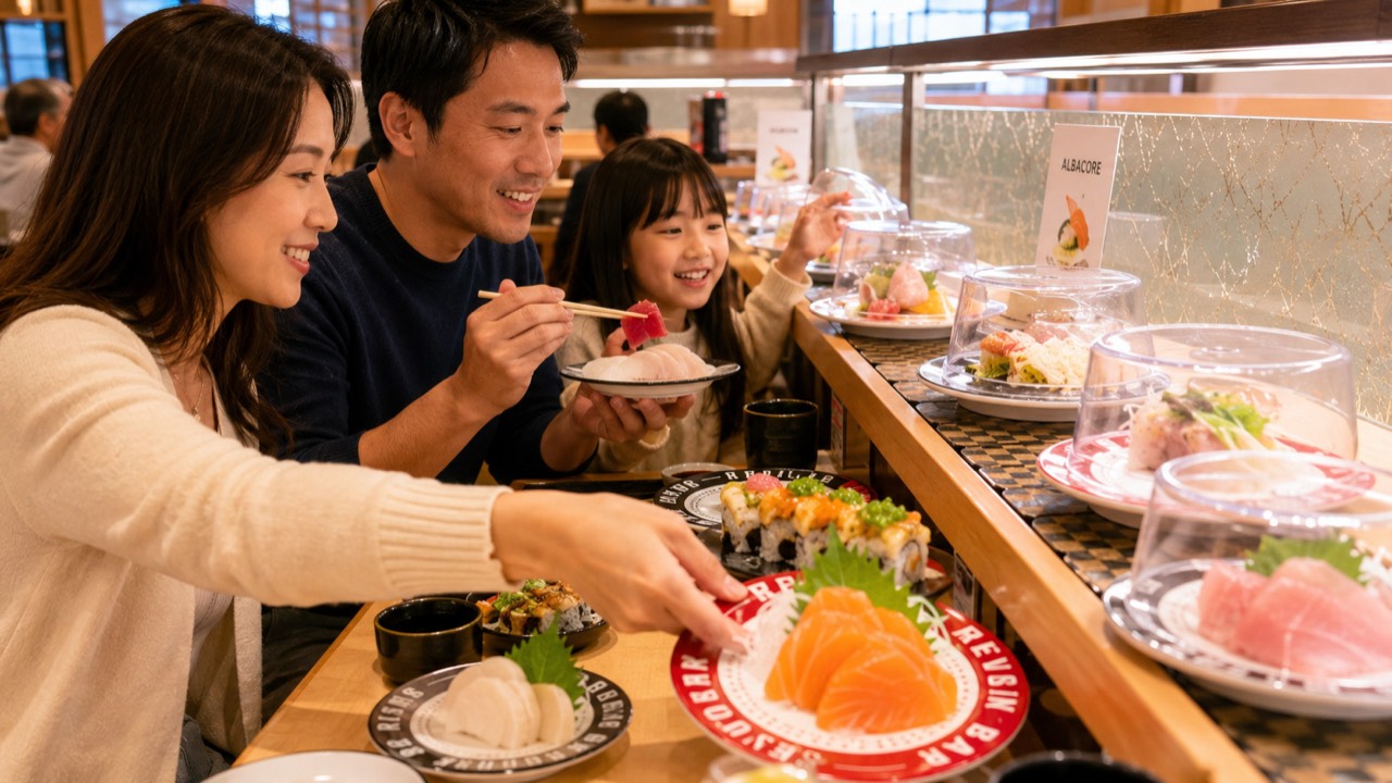 A family making the rounds at the belt Family selecting sashimi plates from the conveyor belt by the albacore sign at Makoto Staten Island