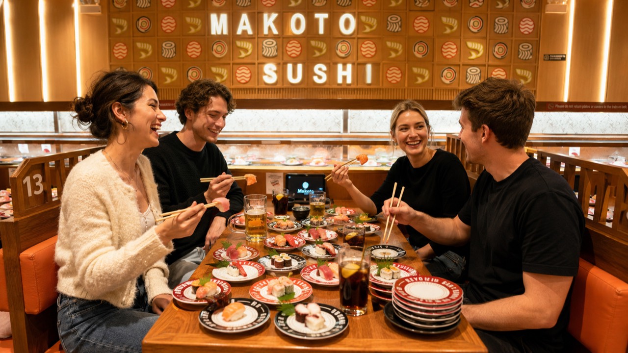 Stacking up the plates at the booth Four friends laughing in a booth surrounded by stacked plates of sushi at Makoto Staten Island