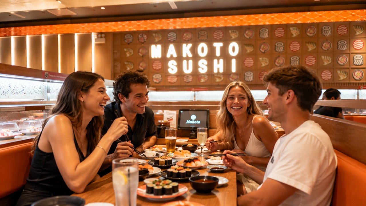 Good food and good company at Makoto Four friends smiling together in a booth under the Makoto Sushi sign in Staten Island