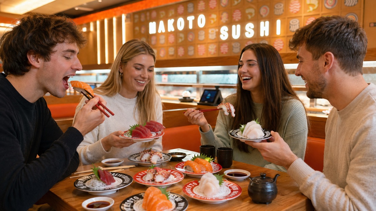 Sharing platters of fresh sashimi Two couples sharing platters of tuna and salmon sashimi at Makoto revolving sushi bar in Staten Island