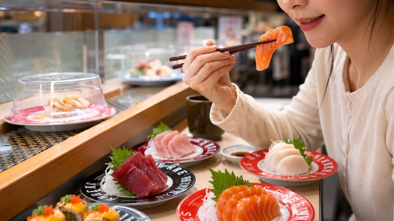 A close-up of buttery salmon sashimi Close-up of a guest lifting buttery salmon sashimi with chopsticks at the Makoto sushi belt in Staten Island
