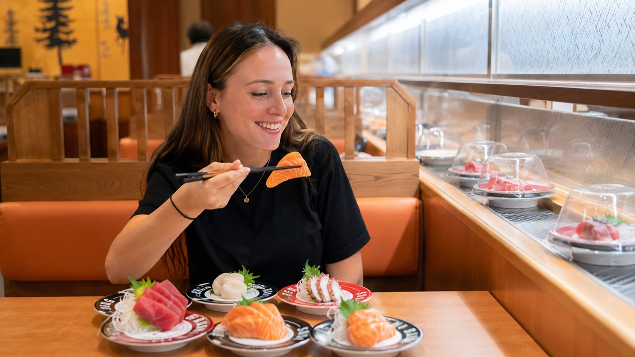Fresh salmon sashimi, every bite Smiling guest holding salmon sashimi with chopsticks beside plates of sashimi at Makoto Staten Island
