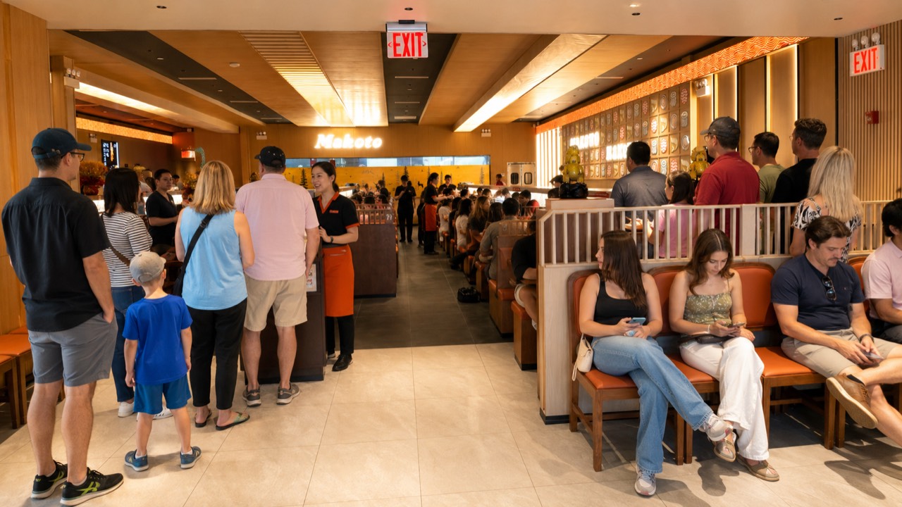 A warm welcome at the Makoto entrance Guests waiting in line at the entrance and lounge of Makoto revolving sushi bar in Staten Island