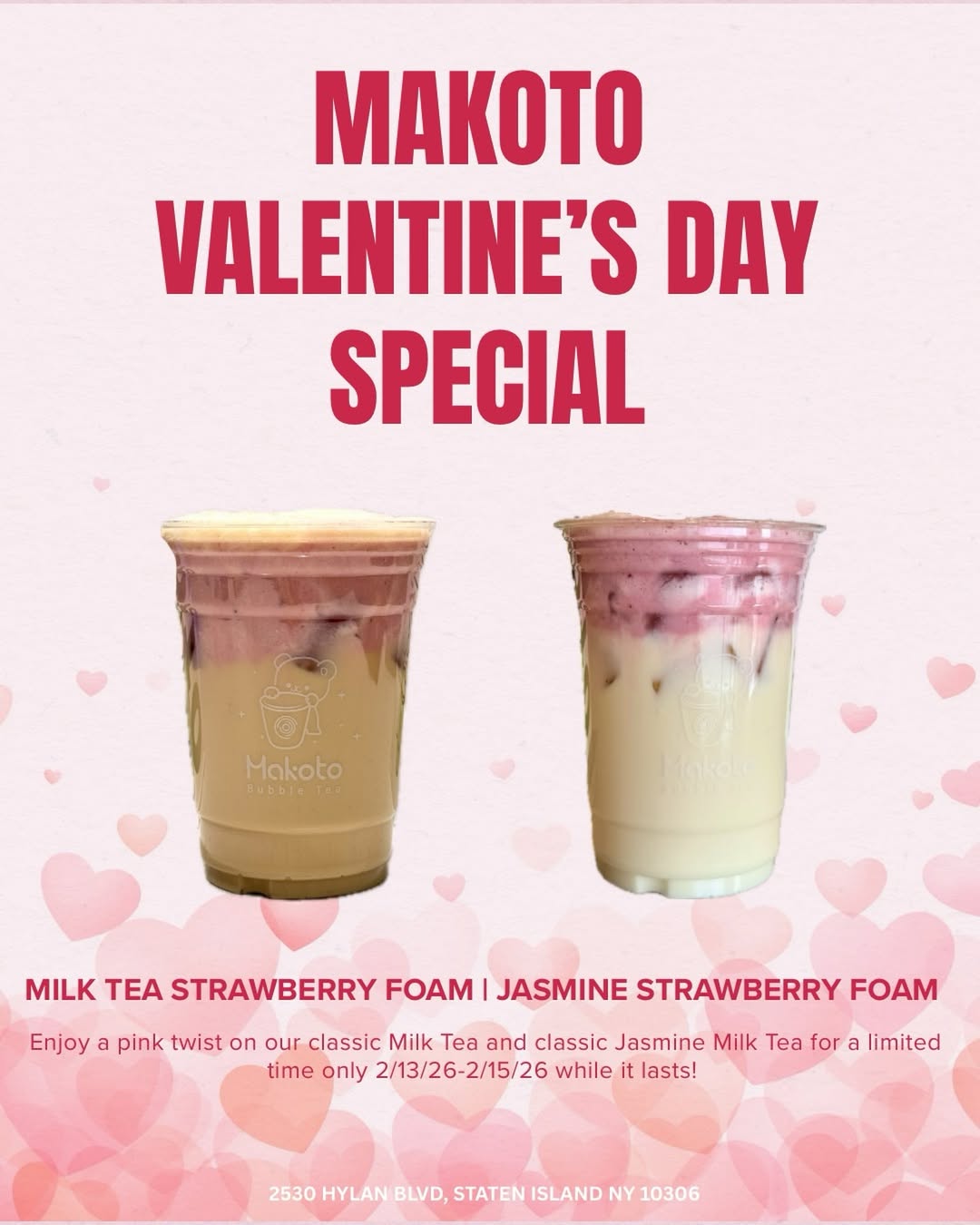 Makoto Valentine's Day strawberry foam milk tea Instagram Staten Island