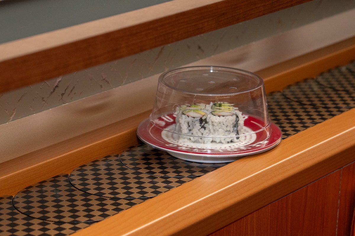 Food delivered by conveyor belt at Makoto Revolving Sushi Bar and Bubble Tea in New Dorp, Staten Island