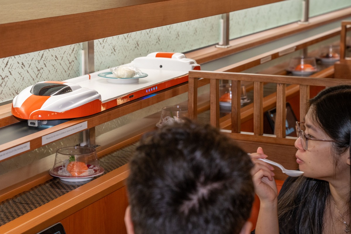 A train delivers food at Makoto Revolving Sushi Bar and Bubble Tea in New Dorp, Staten Island