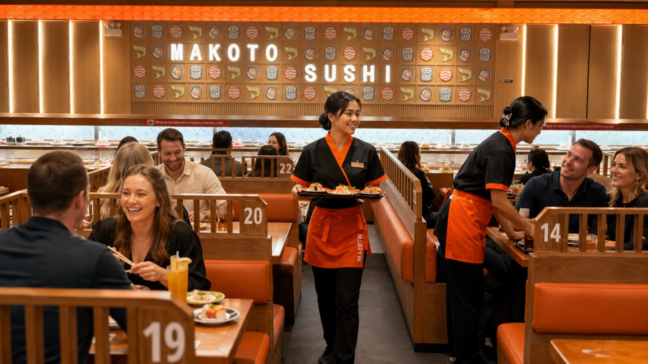 Friendly service between the booths Friendly Makoto servers in orange aprons carrying plates between the booths in the Staten Island dining room